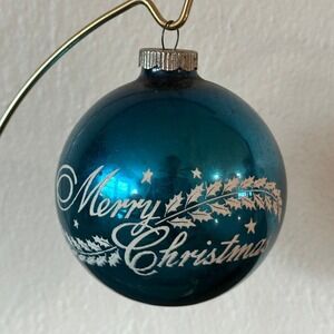 Vintage Shiny Brite Large 3" Blue Glass Merry Christmas Stencil Ornament